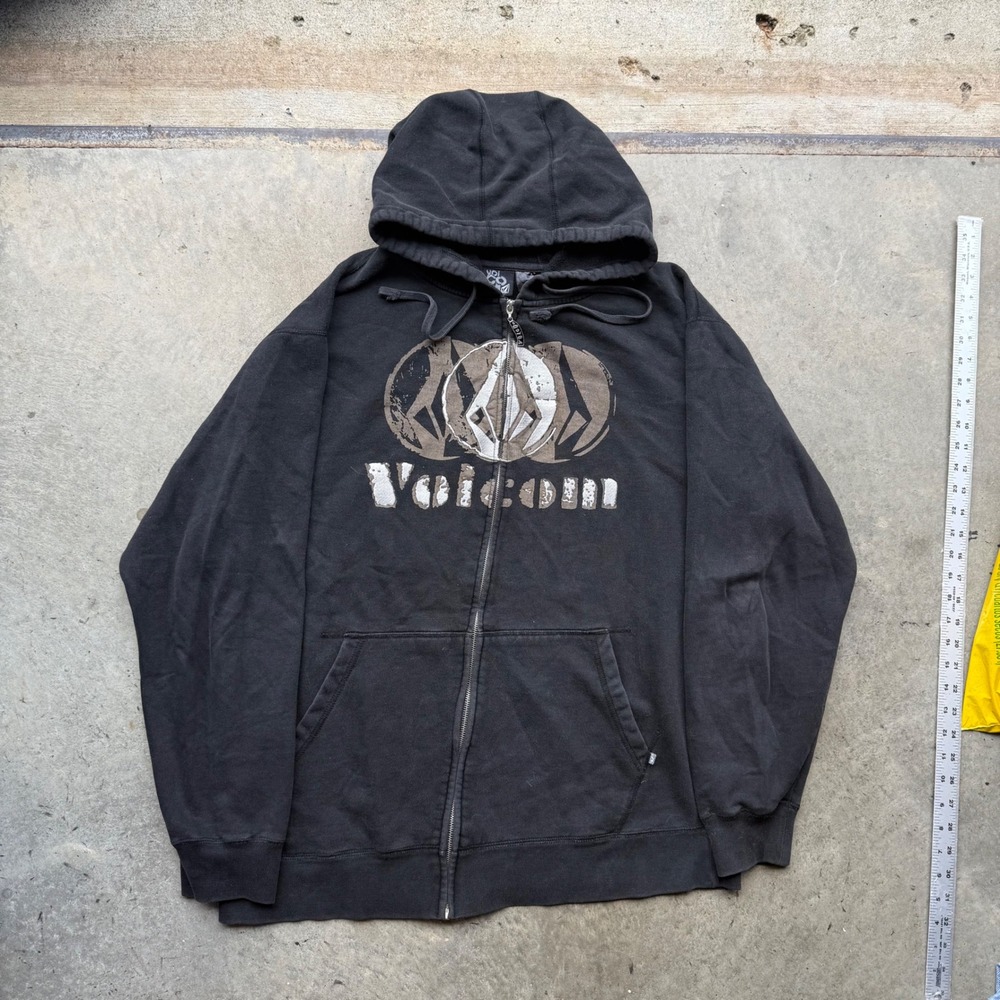 Volcom Mens Large Black Full Zip Hoodie Graphic Logo Skate Sweatshirt Y2K VTG